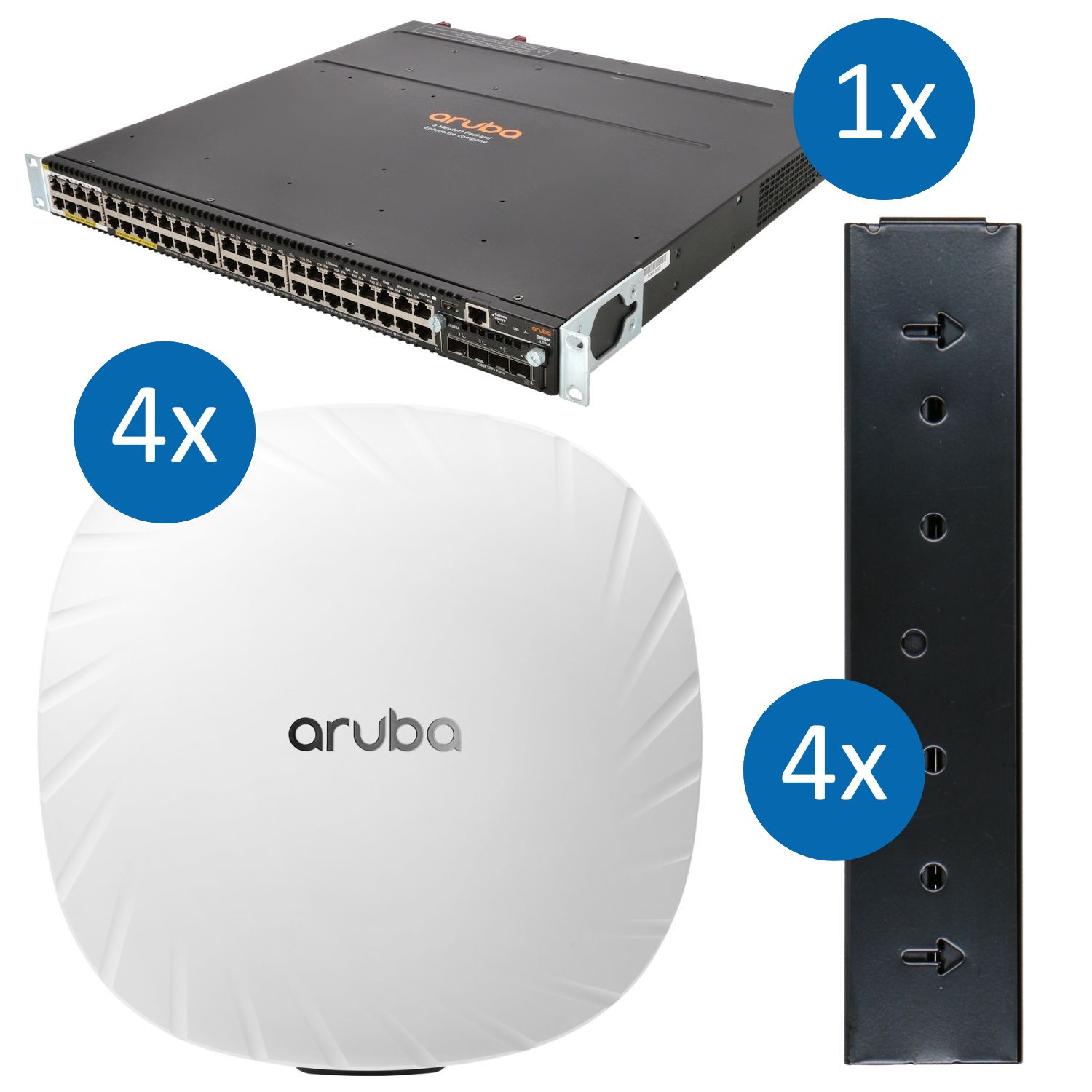 HPE Aruba Set mit 3810M 40x RJ-45 1GbE PoE+ 8x RJ-45 5GbE PoE+ Smart Rate 4x Stacking 4x SFP+ 10GbE MACsec 2x 1050W und 4x AP-555 Access Point JL076A JL087A JL083A JL084A JZ356A R3J19A